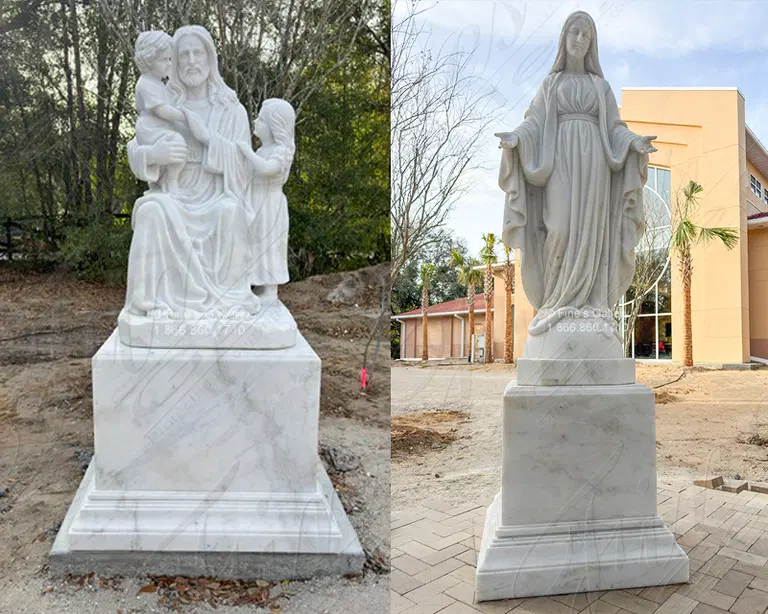 When your desired marble religious figure is not inventoried, don't worry we'll have it made-to-order! Pictured here are "Jesus Loves the Little Children and Our Lady of Grace"